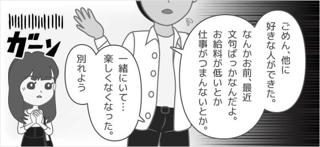 ごめん、他に好きな人ができた。なんかお前、最近文句ばっかなんだよ。お給料が低いとか仕事がつまんないとか。一緒にいて…楽しくなくなってきた。別れよう