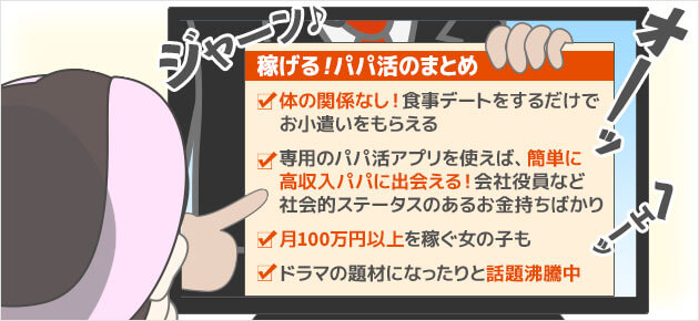 ・体の関係なし！食事デートをするだけでお小遣いをもらえる・専用のパパ活アプリを使えば、簡単に高収入パパに出会える！会社役員など社会的ステータスのあるお金持ちばかり・月100万円以上を稼ぐ女の子も・ドラマの題材になったりと話題沸騰中